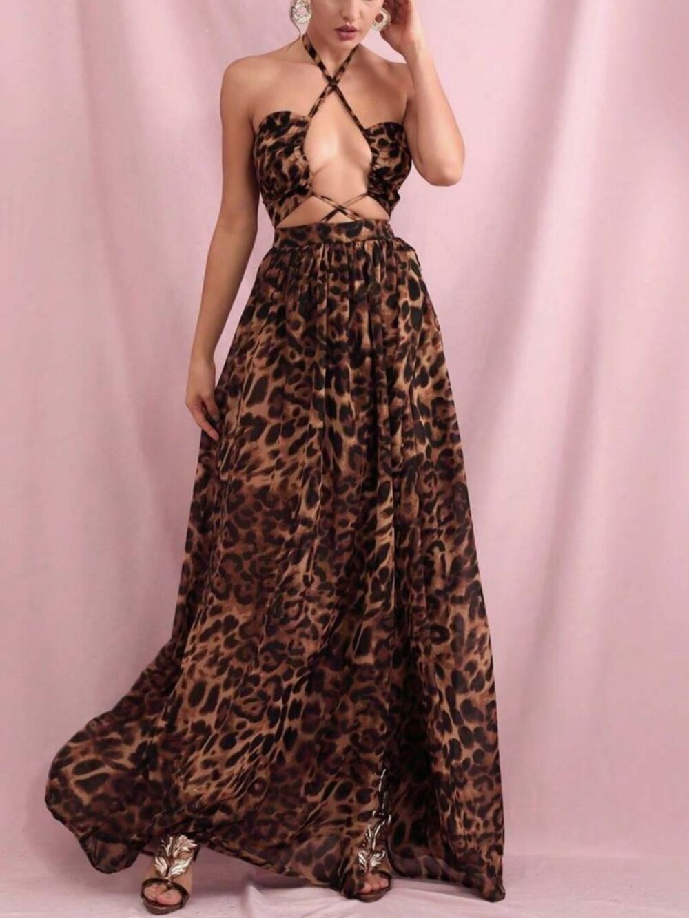 Brown Leopard Print Halter Blackless Chiffon Dress